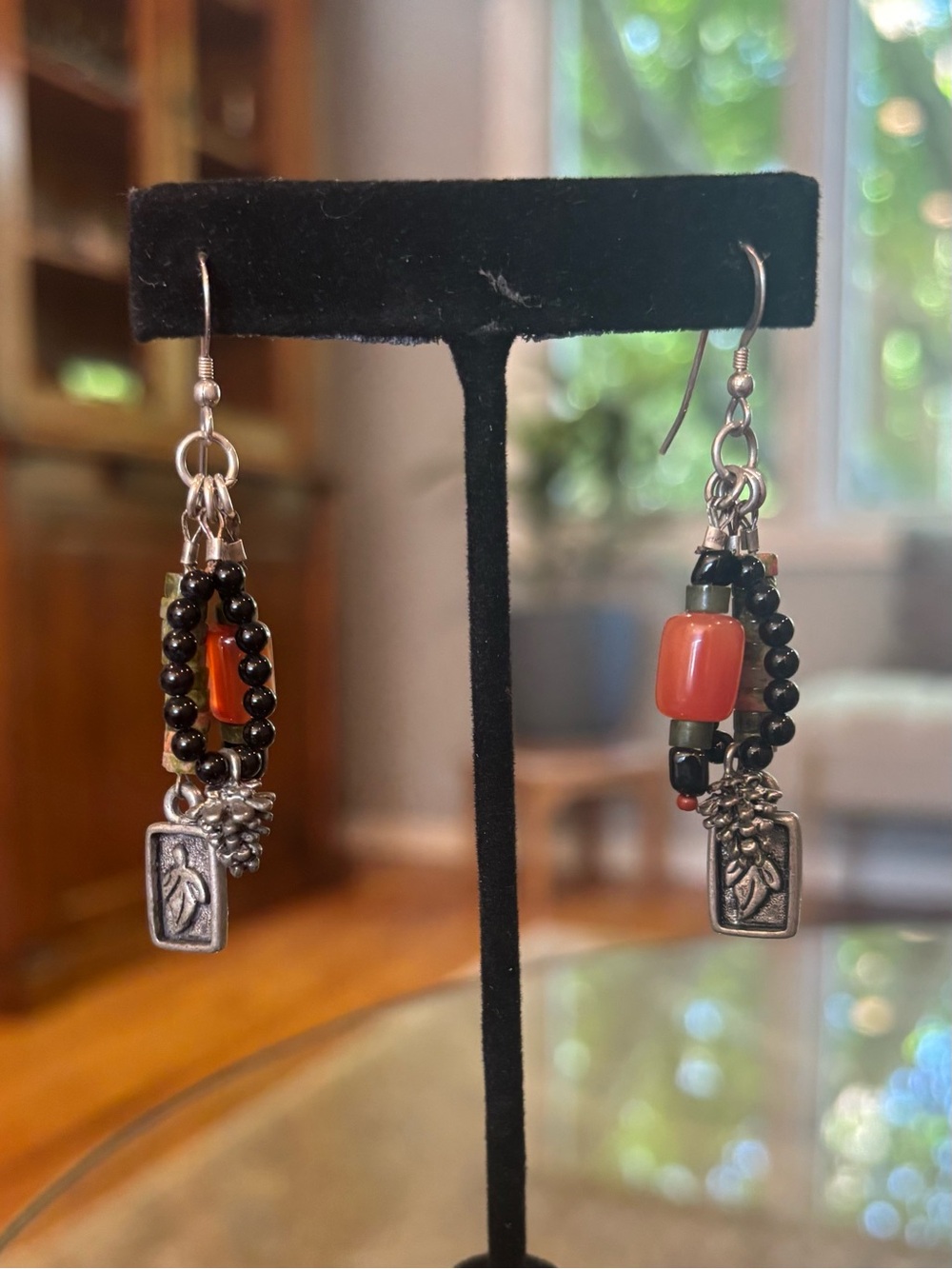 Handcrafted Black and Carnelian  Orange Beaded Dangle Earrings